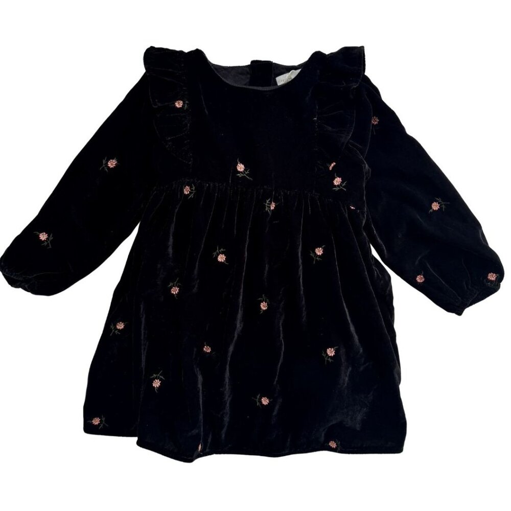 Zara Kids Black Velvet Dress with Pink Floral Details